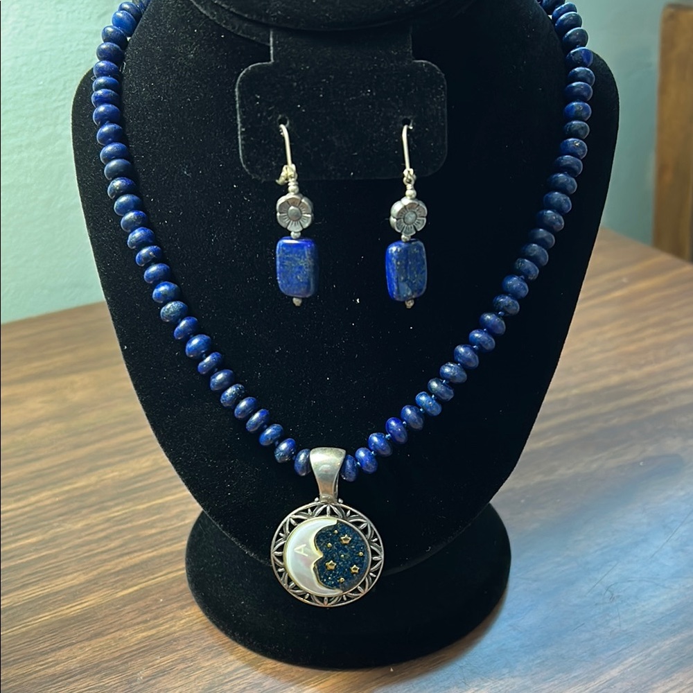 Lapis Blue and Silver Beaded Necklace with Pendant